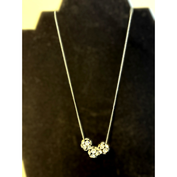 Retired Betsey Johnson Cubic Zirconia Covered 3 Ball Necklace on Silver Chain - Picture 1 of 5